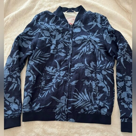 Zara Other - [Tag:L/Ptp:21”]Zara Denim Couture Navy Floral linen Bomber Jacket Lined